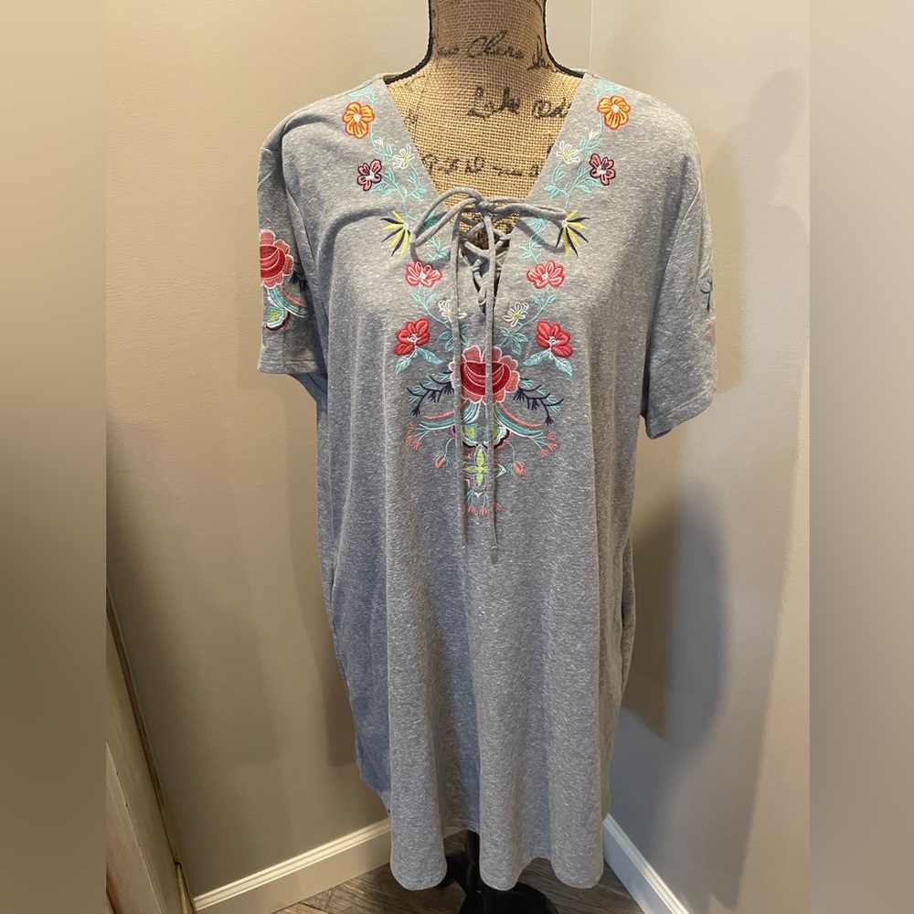 Umgee Gray Dress with Colorful Embroidery